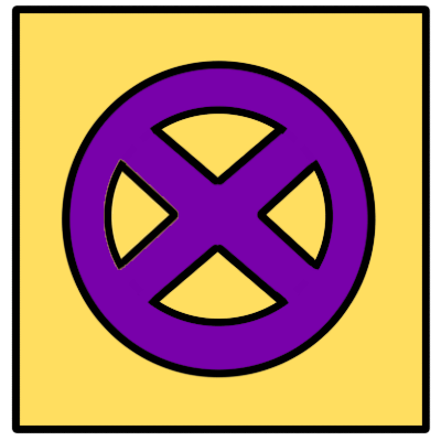 a square variation of the intersex pride flag, with a purple 'X' in the purple circle, so that it looks like a purple 'XO' on a yellow field. the field has a black outline.